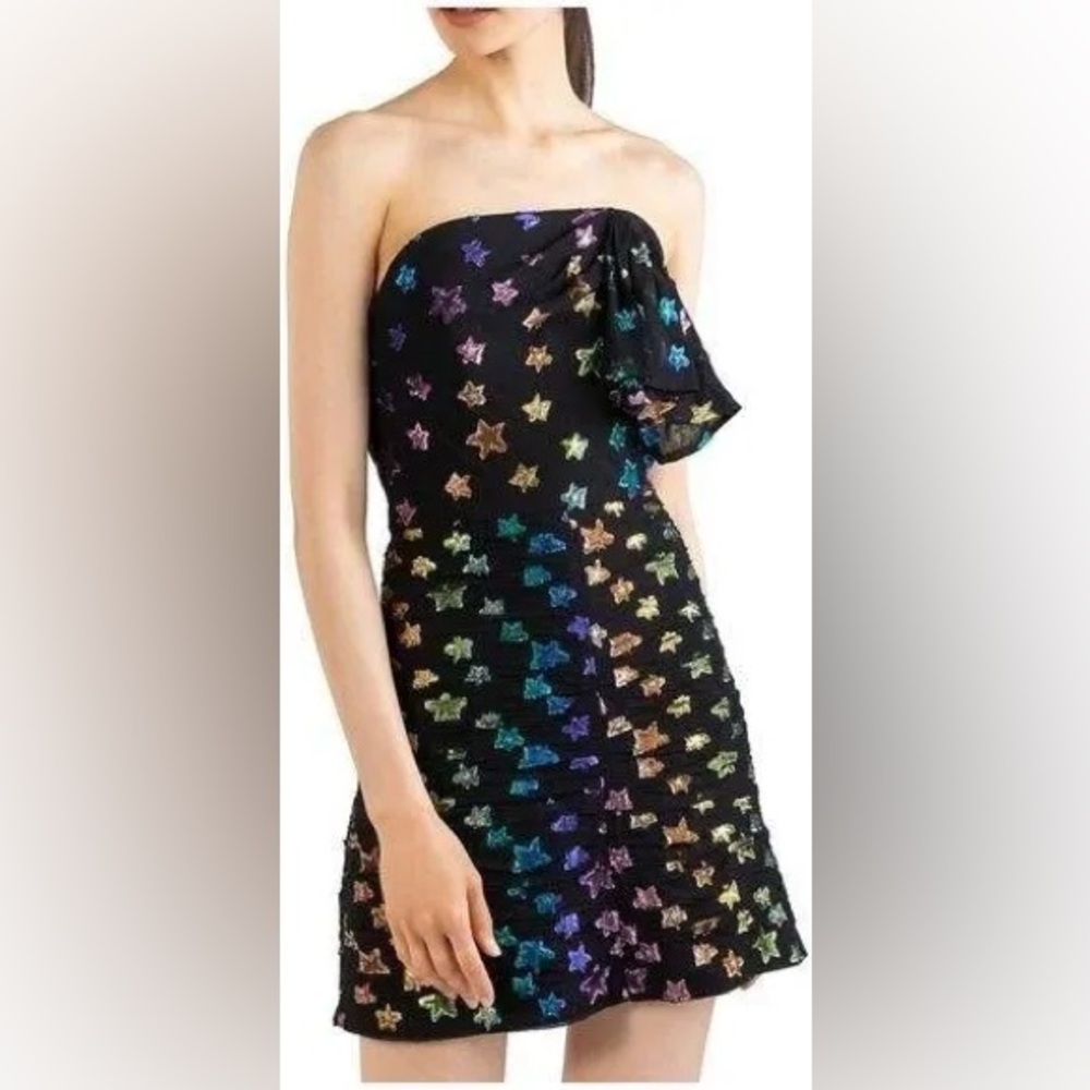 Shoshanna Women Off The Shoulder Nyla Metallic Star Mini Dress Black NWT